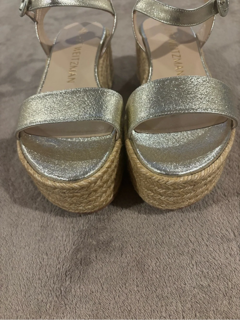 Stuart Weitzman Taborah Metallic Gold Leather Espadrille Platform Sandals Size 7